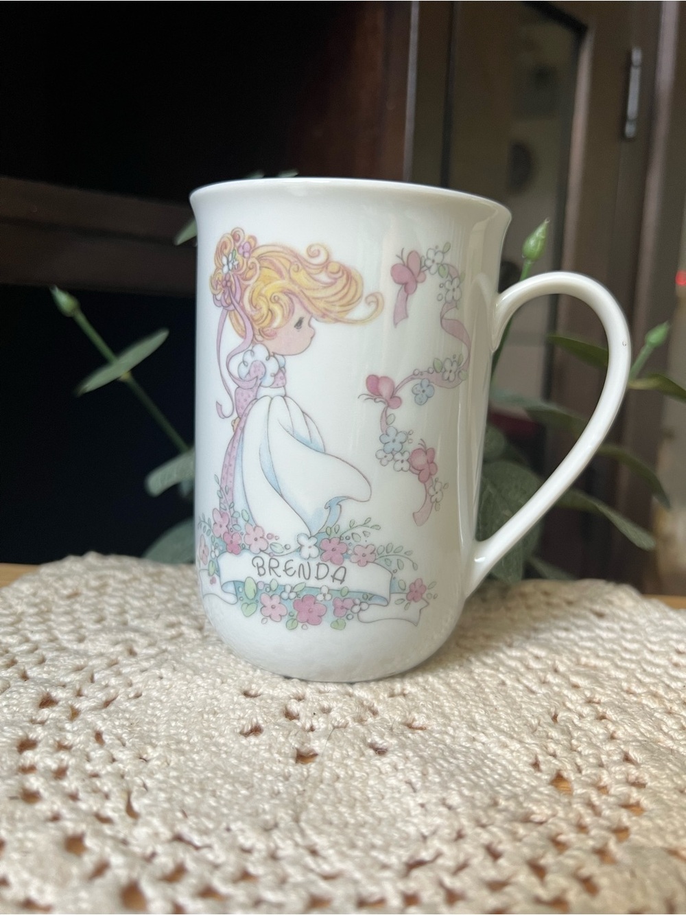 Enesco White/ Periwinkle/ Pastel Porcelain 'Brenda' Mug Vintage 1993 Grannycore